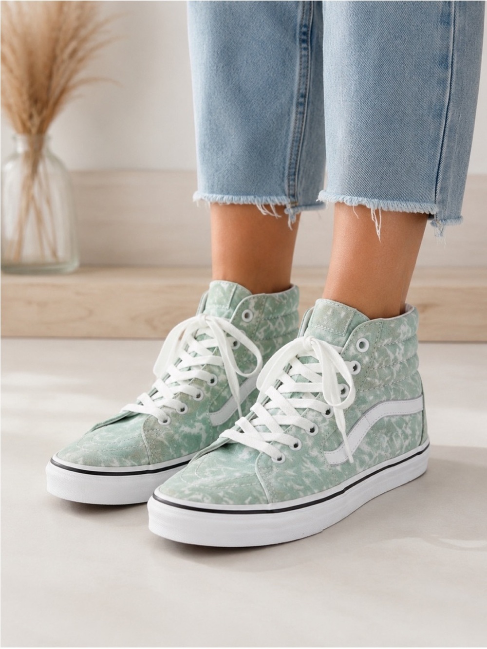 Vans SK8 High-Top Lace-Up Sneakers in Light Green and White